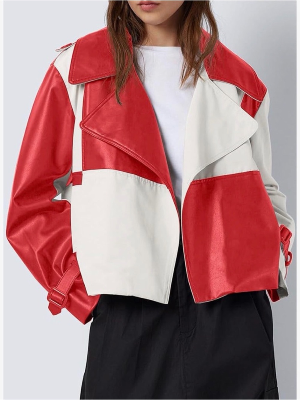 Colorblock Red & Cream VEGAN Leather Jacket - Women - Picture 3 of 10